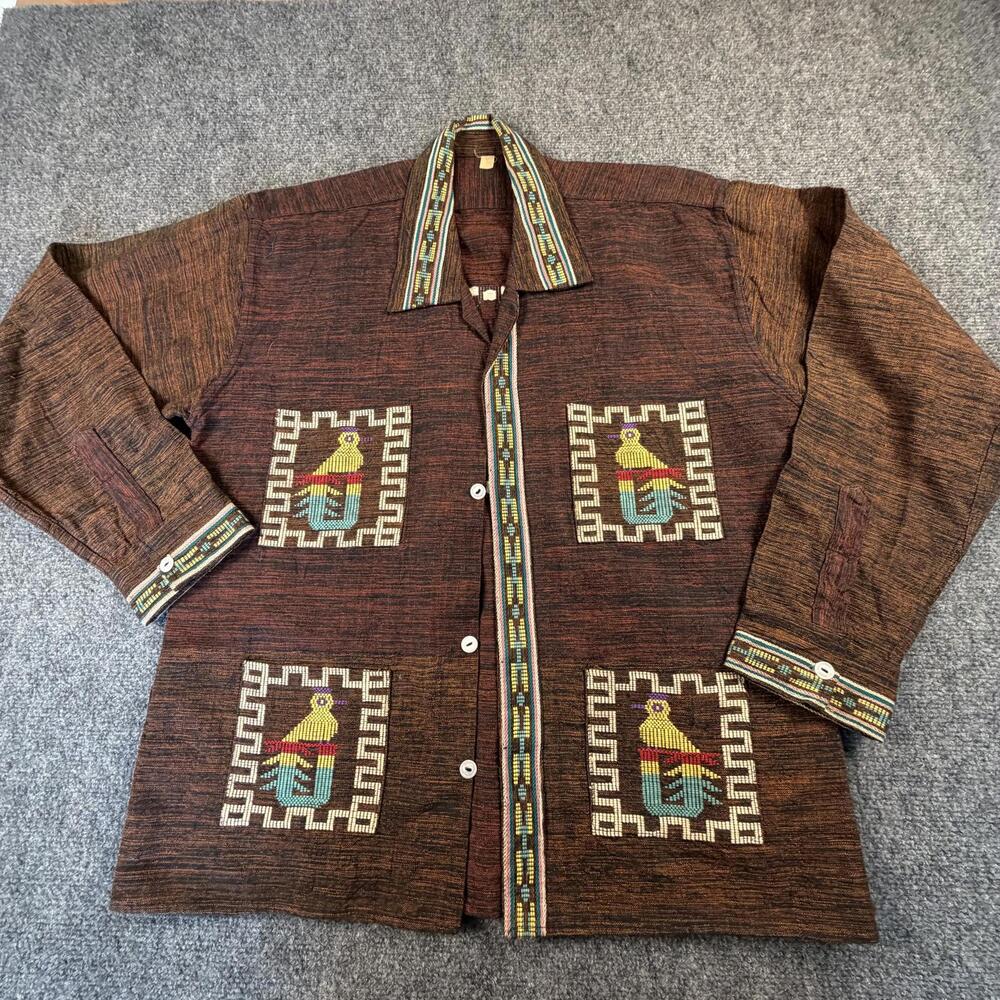 Vintage Guatemalan Handwoven Jacket Birds Embroidery Boho 70s Brown 1166